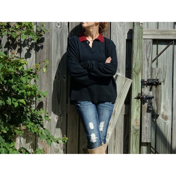 Vtg Glasgow Creation Preppy Sweater Navy Red Collar Slouchy Pullover M 60s 70s - Picture 2 of 5